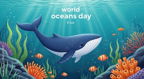 World oceans day illustration with a cute whale swimming in the deep blue sea surrounded by colorful coral reefs and tropical fish