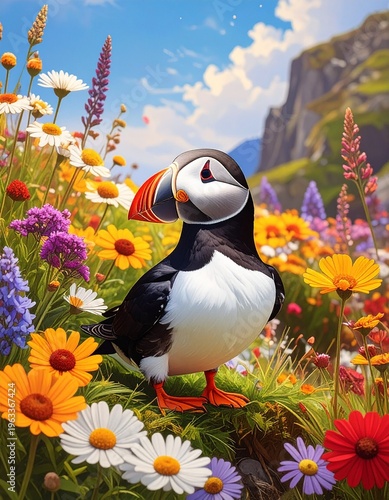 Papageitaucher im Blumenfeld