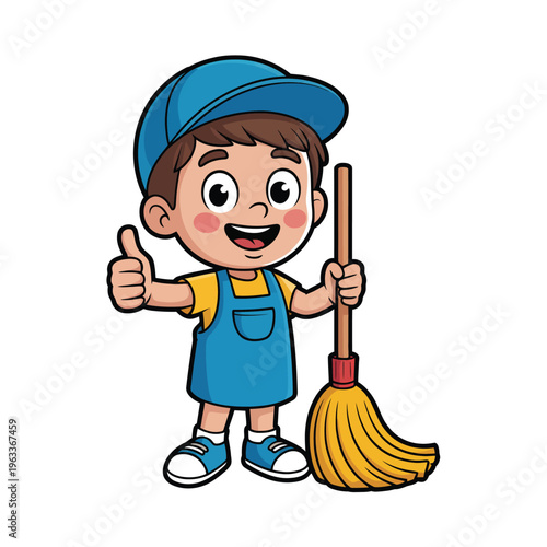 A happy young boy dressed as a janitor holding a broom
