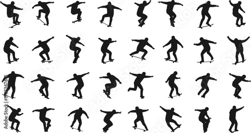 Dynamic silhouette skateboarding collection, showcasing various tricks, poses, and action shots for sports enthusiasts, skateboarders, fitness professionals, and athletes