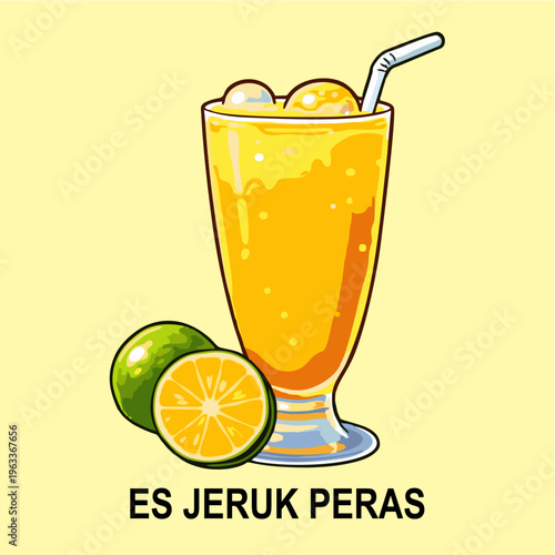 Fresh Orange Juice Ice with Sliced Citrus Fruit, Es Jeruk Peras Vector Illustration