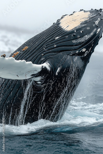 A humpback whale breaking surface with its body