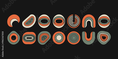 Collection of abstract retro shapes featuring layered concentric forms in muted orange and green tones