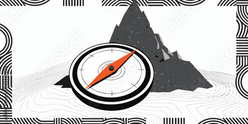 Illustrative compass points toward a distant stylized mountain peak suggesting exploration and clear direction