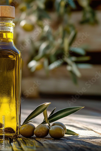 A bottle of olive oil sits on a wooden table, perfect for cooking or decorating