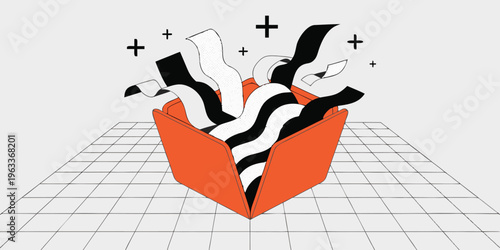 Abstract illustration of a vibrant orange folder filled with numerous wavy black and white documents, symbolizing data overflow or organized chaos.