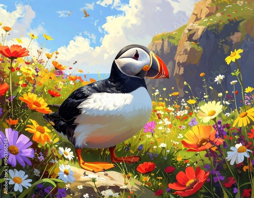 Papageitaucher im Blumenfeld