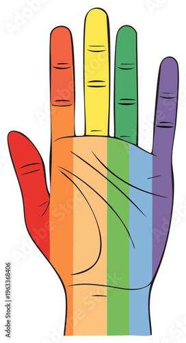 Rainbow painted hand showing support and pride with vibrant colors