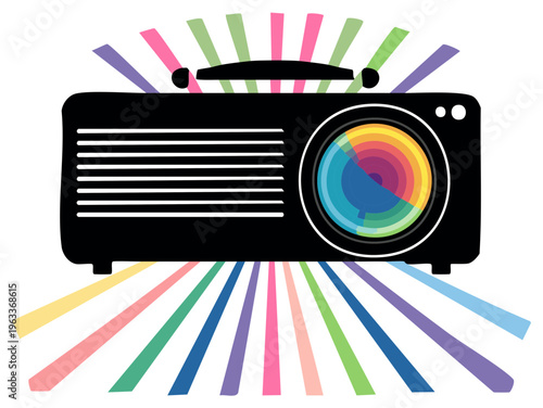Retro-style projector with a vibrant color wheel lens radiating colorful light beams