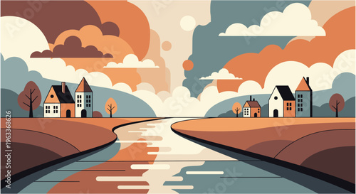 Quaint village landscape in warm orange and blue hues with cloudy sky for travel brochure