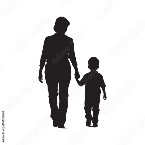 Mom and son walk forward holding hands. Mother-son relationship, trust. Isolated vector silhouette