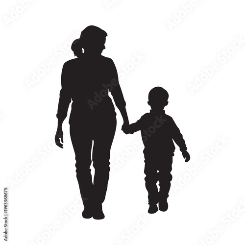 Mom and son walk forward holding hands. Mother-son relationship, trust. Isolated vector silhouette