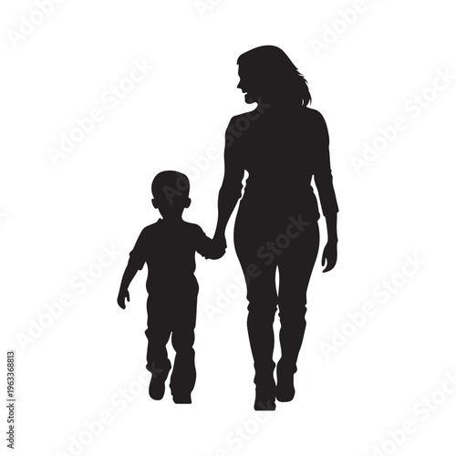 Mom and son walk forward holding hands. Mother-son relationship, trust. Isolated vector silhouette