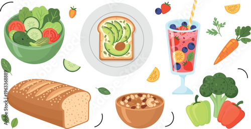 Healthy Food and Breakfast Illustration Set Featuring Avocado Toast, Smoothie, Salad Bowl, Whole Grain Bread, and Fresh Vegetables for Nutrition and Wellness Design