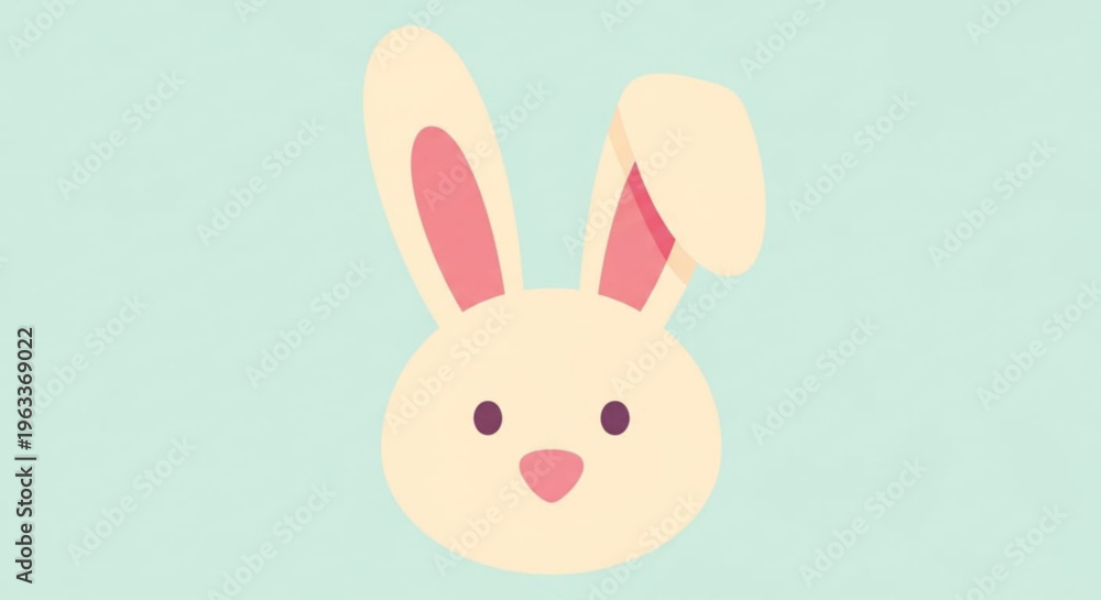 Fototapeta premium Cute cartoon bunny face with pink ears and nose on light blue background smiling sweetly