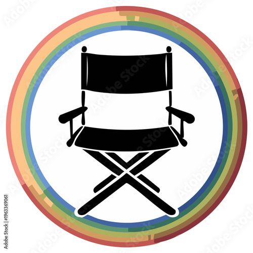 Director's chair silhouette icon with rainbow circle frame for film industry