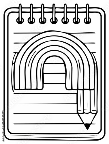 Artist's Notebook with Pencil Drawing Rainbow and Lined Paper