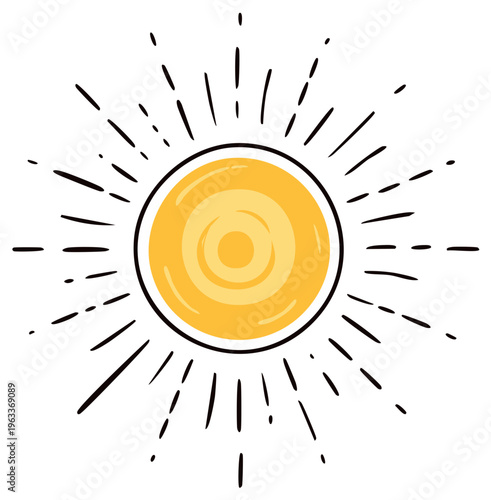 Hand drawn sun with rays radiating outward bright yellow orange celestial body