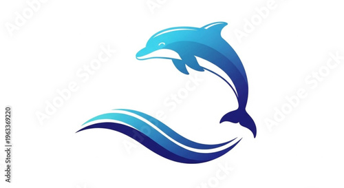 Dolphin jumping out of wavy ocean water with gradient blue colors on white background