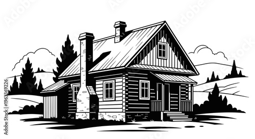 A small wooden house with chimney.