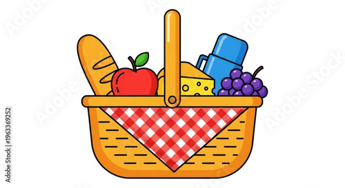 Colorful picnic basket filled with food and drink on white background