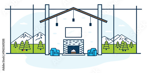 Cozy modern interior living space features a central fireplace with stunning panoramic views of snowy mountains and pine trees outside.