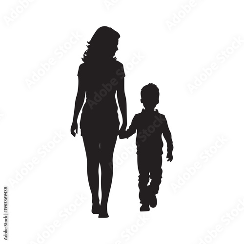 Mom and son walk forward holding hands. Mother-son relationship, trust. Isolated vector silhouette
