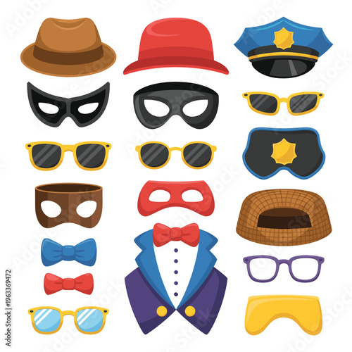 A colorful collection of cartoon hats and masks for dressing up