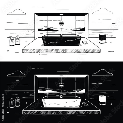 Stylish black and white illustration of a modern freestanding bathtub situated before a large window overlooking a serene landscape view