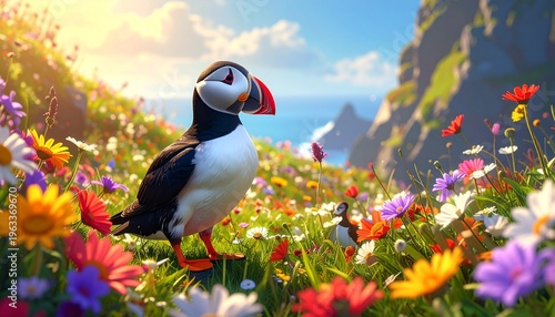 Papageitaucher im Blumenfeld