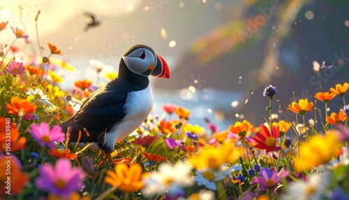 Papageitaucher im Blumenfeld