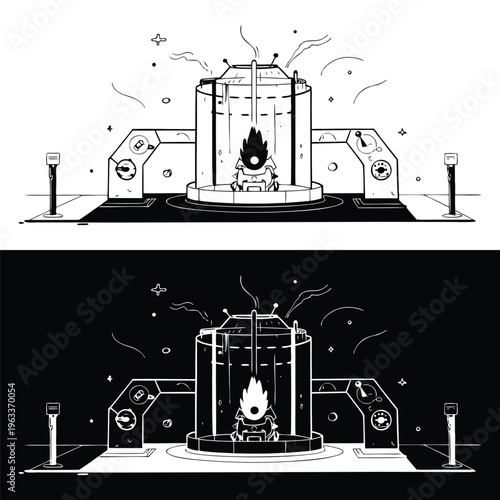 Stylized black and white illustration of a small futuristic character powering up inside a science fiction containment chamber apparatus.