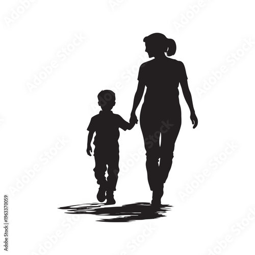 Mom and son walk forward holding hands. Mother-son relationship, trust. Isolated vector silhouette