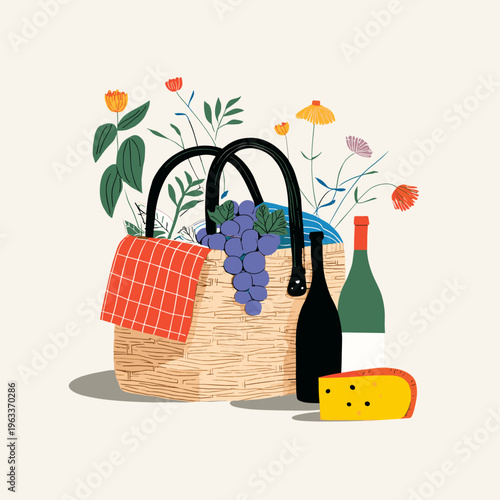 Open Woven Rattan Picnic Basket with Fruits