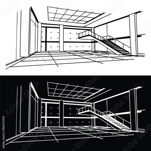 This detailed black and white architectural line art illustration presents a modern building interior with a prominent staircase and grid ceiling structure.