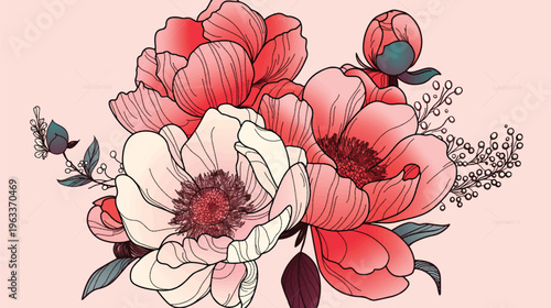 Floral Symphony: An exquisite watercolor illustration of vibrant peonies and buds against a soft backdrop, celebrating beauty and delicate artistry.