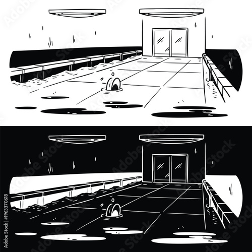 Comic style illustration depicting a wet, empty outdoor tiled area with puddles and benches, leading to a building entrance, presented in a unique inverted monochrome art style.