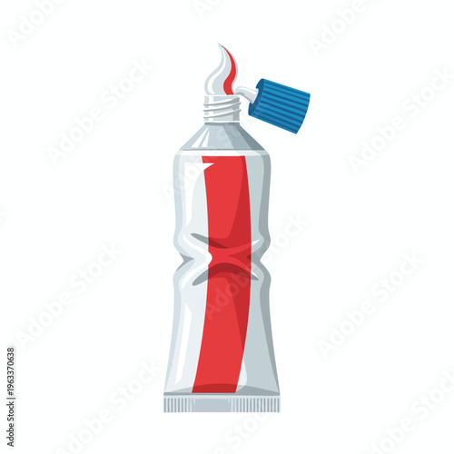 Squeezed tube with red stripe and striped blue cap, dispensing toothpaste