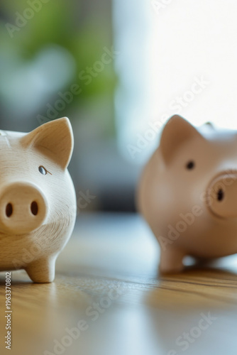 Two piggy banks sitting on a wooden table, ready for savings