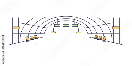 Minimalist vector illustration depicts an empty curved subway or train station platform with waiting area seating and overhead lighting fixtures.