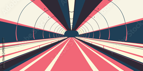 Abstract graphic illustration of an empty futuristic subway tunnel with vibrant pink, cream, and dark blue colors creating a sense of dynamic perspective and movement.