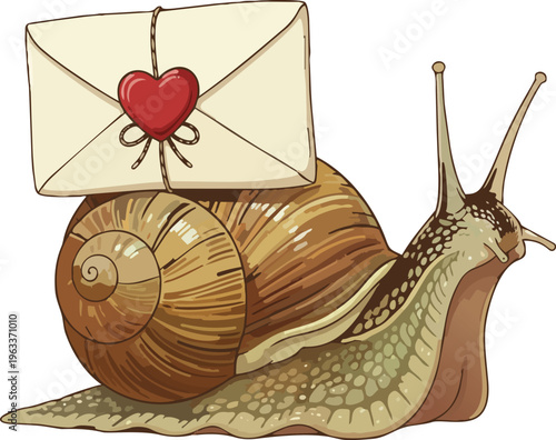 A small garden snail slowly carrying a physical white sealed envelope with a classic red wax heart seal on its shell representing slow mail and romantic messages