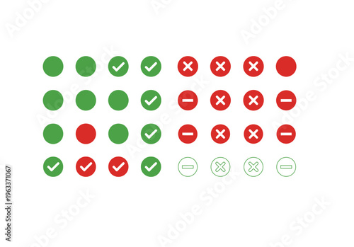 Green and red check mark, cross, minus, and circle UI icon set for status & feedback, minus sign, user interface, UI elements