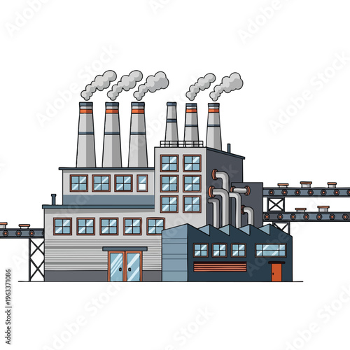 Cartoon factory with smokestacks, windows, pipes, and conveyor belts