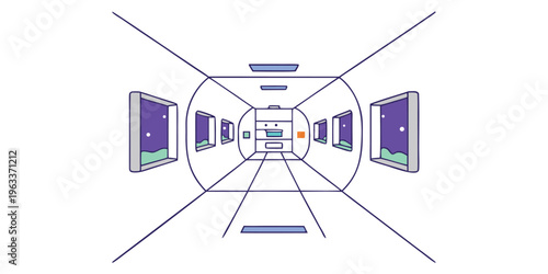 A minimalist abstract line art illustration depicting a futuristic, clean, long white corridor or spaceship interior, featuring multiple windows revealing a serene purple night sky.