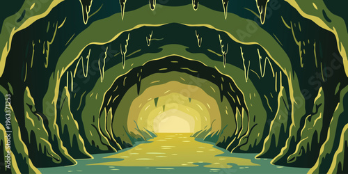 Stylized illustration of a deep, winding underground cave system with a glowing river leading toward the distant exit light.