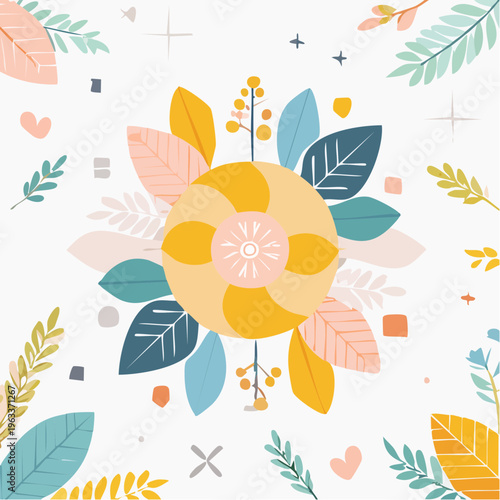 Stylized floral medallion vector illustration with yellow bloom, pastel leaves and decorative elements.flower vector