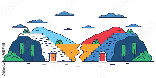This captivating illustration showcases two distinct mountainous paths featuring staircases leading towards different destinations, symbolizing choices, challenges, and various journeys through life.