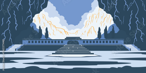 Abstract stylized illustration of an ancient temple structure with grand steps and a monumental facade, nestled between dramatic cliffs and distant mountains under a serene sky.