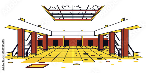 Vast brutalist architectural hall showcasing a deserted and decaying urban interior with stark lines, geometric shapes, and a cracked skylight, highlighting time.